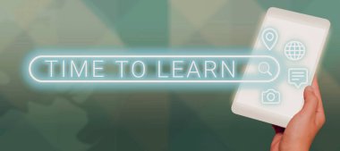 Conceptual caption Time To Learn, Word Written on Obtain new knowledge or skill Educational or career growth Businessman Holding A Pad Displaying Digital S Around A Search Bar.