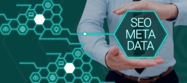 Inspiration showing sign Seo Meta Data, Business overview Search Engine Optimization Online marketing strategy Man With Graphical Hexagon With Copy Space For Advertisement.