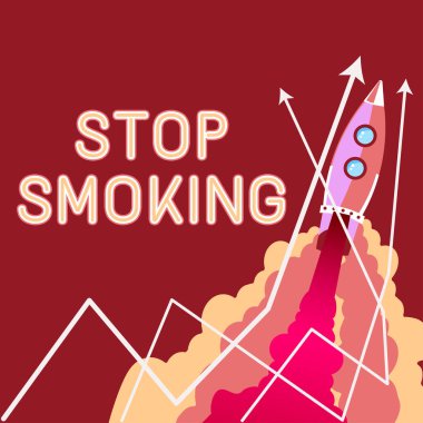 Text caption presenting Stop Smoking, Business overview Discontinuing or stopping the use of tobacco addiction Rocket Taking Off Leaving Fire Behind And Presenting Important Message.