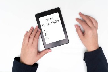 Conceptual display Time Is Money, Internet Concept Better to do things as quickly as possible Do not delay Businesswoman Holding Tablet With Important Informations On It.