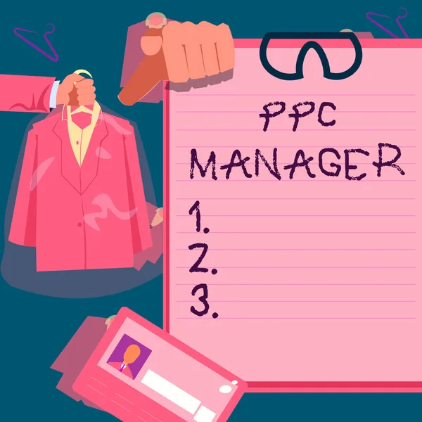 Text caption presenting Ppc Manager, Conceptual photo which advertisers pay fee each time one of their ads is clicked Hands Holding Uniform Showing New Open Career Opportunities.