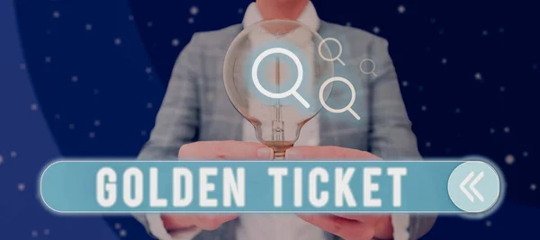Writing displaying text Golden Ticket, Business approach Rain Check Access VIP Passport Box Office Seat Event Woman Holding A Light Bulb Displaying Digital Information And Ideas.