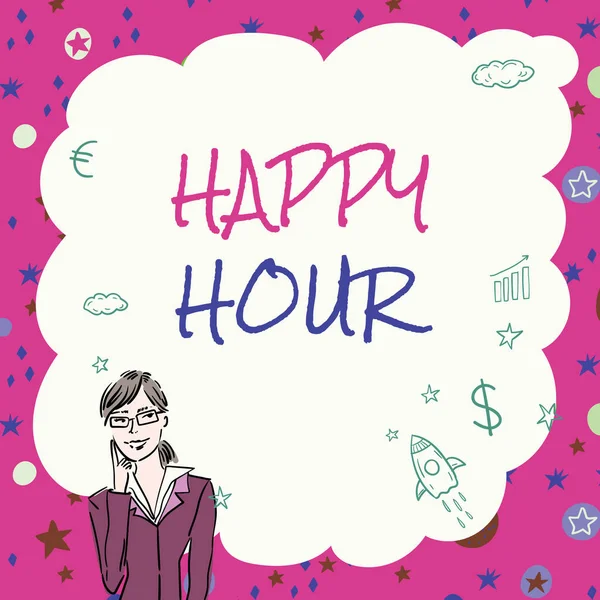 Text Caption Presenting Happy Hour Business Approach Spending Time Activities — Fotografia de Stock