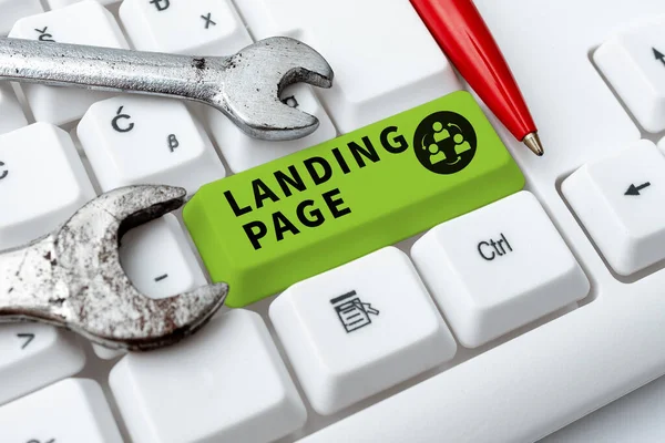 Text Sign Showing Landing Page Business Overview Website Accessed Clicking — Stock Photo, Image