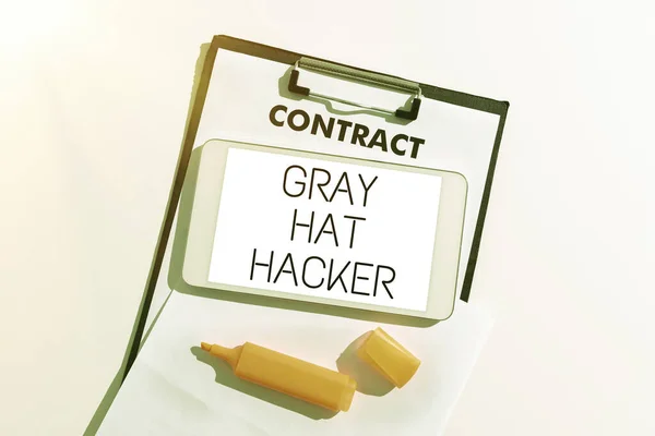 Writing displaying text Gray Hat Hacker, Business concept Computer security expert who may sometimes violate laws Tablet With Important Message Over Marker, Clipboard And Piece Of Paper.