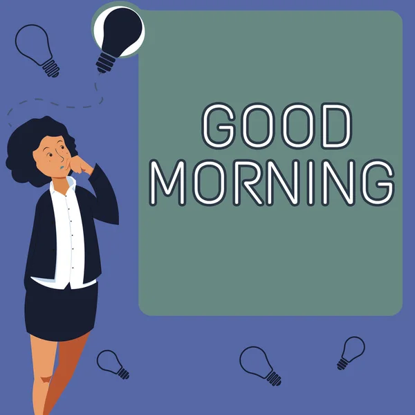 Hand writing sign Good Morning, Business overview A conventional expression at meeting or parting in the morning Businesswoman Standing Beside Board Presentation Thinking New Ideas