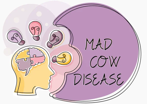 Hand writing sign Mad Cow Disease, Word for Neurodegenerative lethal disease contagious eating meat Man With Puzzled Brain Thinking New Ideas Shown On Presentation Board.