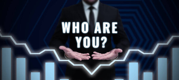 Conceptual display Who Are You, Business idea Introduce Identify yourself personality likes dislikes Lady in suit holding pen symbolizing successful teamwork accomplishments.