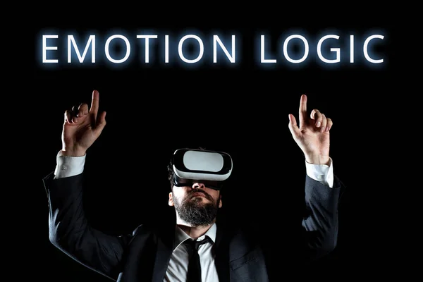 Text sign showing Emotion Logic, Business concept Heart or Brain Soul or Intelligence Confusion Equal Balance Man Wearing Virtual Reality Simulator Raising Hand During Training.