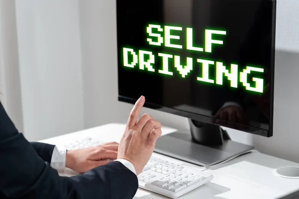 Hand Writing Sign Self Driving Word Written Autonomous Vehicle Ability — Fotografia de Stock