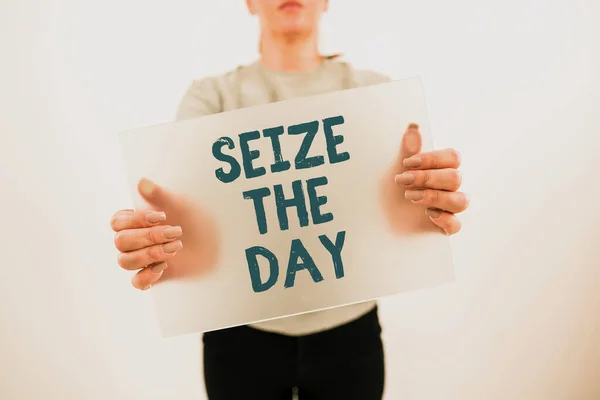 Text Caption Presenting Seize Day Concept Meaning Embrace Opportunities Have — Stockfoto