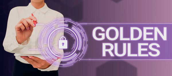Conceptual caption Golden Rules, Conceptual photo Basic principle that should be followed Important Principle Businessman in suit holding open palm symbolizing successful teamwork.