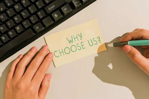 Sign Displaying Why Choose Internet Concept Reasons Choosing Our Brand — Stockfoto