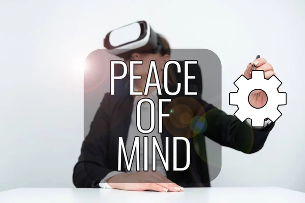 Conceptual display Peace Of Mind, Internet Concept To be peaceful happy with things you have done and accomplish Businesswoman Wearing Virtual Reality Simulator And Holding Pen At Desk.