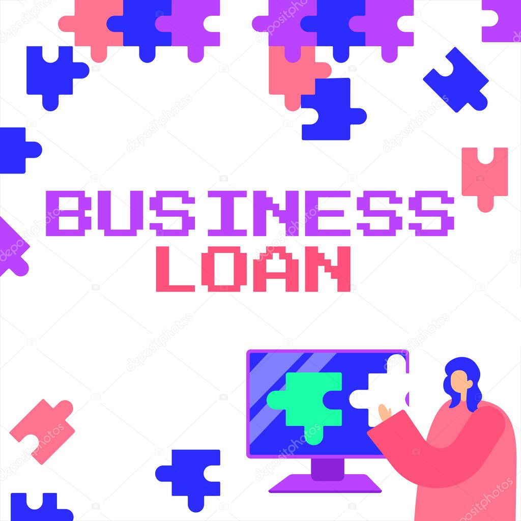 Text caption presenting Business Loan, Conceptual photo Credit Mortgage Financial Assistance Cash Advances Debt Lady Holding Puzzle Piece Representing Innovative Problem Solving Ideas.