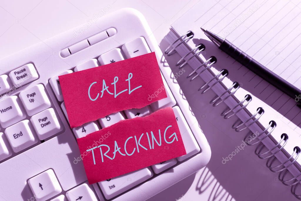 Sign displaying Call Tracking, Conceptual photo Organic search engine Digital advertising Conversion indicator Ripped Note With Important Messages Over Keyboard On Desk With Notebooks.
