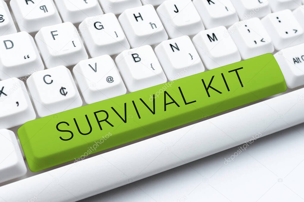 Handwriting text Survival Kit, Word for Emergency Equipment Collection of items to help someone -49149