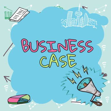 Inspiration showing sign Business Case, Business approach Proposition Undertaking Verbal Presentation New Task Important Messages Presented In Frame With Megaphone, Chart And Skyline.
