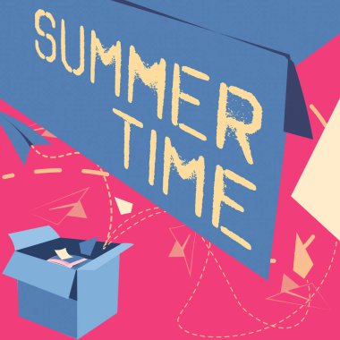 Hand writing sign Summer Time, Conceptual photo Longer daylight Tropical season Beach activities Vacation Open Box With Flying Paper Planes Presenting New Free Ideas