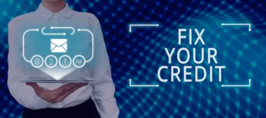 Conceptual display Fix Your Credit, Business concept Keep balances low on credit cards and other credit Woman Holding Tablet With Futuristic Frame And Presenting Crutial Messages.