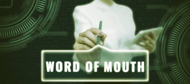 Text caption presenting Word Of Mouth, Business idea Oral spreading of information Storytelling Viva Voice Businessman in suit holding notepad symbolizing successful teamwork.