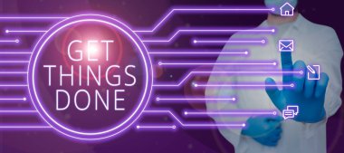 Handwriting text Get Things Done, Word Written on To be in charge of do something leader leadership action Doctor Pointing With One Finger On Graph And Presenting Crutial Messages.