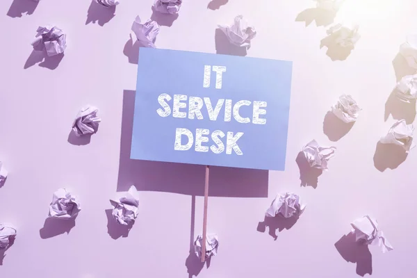 Inspiration showing sign It Service Desk, Word for Technological support online assistance help center Wrinkled Notes Under Piece Of Paper With Important Message Glued On Stick.