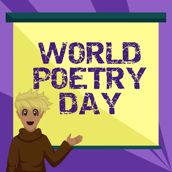 Conceptual caption World Poetry Day, Business idea Worldwide literature celebration reading books time Boy Presenting Important Informations On Presentation Board.