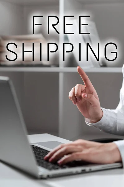 Writing displaying text Free Shipping, Word for Freight Cargo Consignment Lading Payload Dispatch Cartage Woman Typing Updates On Lap Top And Pointing New Ideas With One Finger.