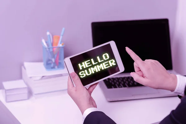 Hand Writing Sign Hello Summer Business Approach Welcoming Warmest Season — стоковое фото