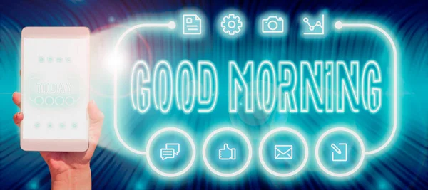Hand Writing Sign Good Morning Word Written Conventional Expression Meeting — Stockfoto