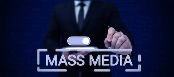 Text Sign Showing Mass Media Word Written Group Showing Making — Foto Stock