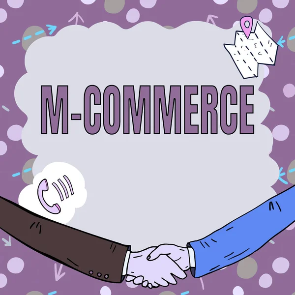 Sign displaying M Commerce, Word for commercial transactions conducted electronically by mobile phone Empty frame decorated with communication symbols represent business meeting