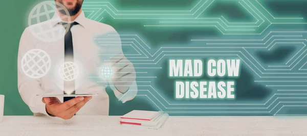 Text sign showing Mad Cow Disease, Word for Neurodegenerative lethal disease contagious eating meat Businessman Holding Tablet And Presenting Crutial Messages In Office.