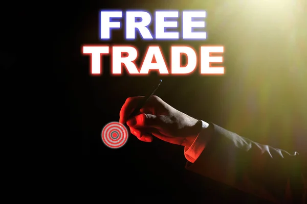 Sign displaying Free Trade, Business overview The ability to buy and sell on your own terms and means Businessman Pointing Important Informations With Pen In Hand.