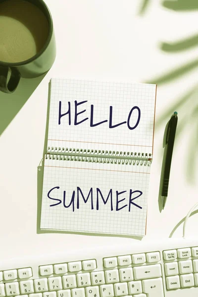 Sign Displaying Hello Summer Business Approach Welcoming Warmest Season Year — Stock Fotó