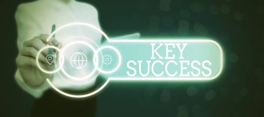 Text showing inspiration Key Success, Word Written on generally three to five areas that company may focus on Lady in suit holding pen symbolizing successful teamwork accomplishments.