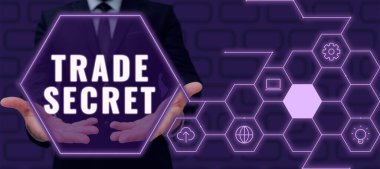 Sign displaying Trade Secret, Business concept Confidential information about a product Intellectual property Businessman Holding Important Informations Over Hands With Symbols Around.