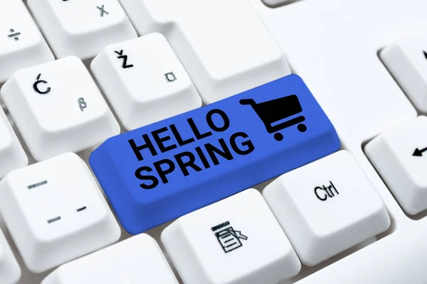 Conceptual Caption Hello Spring Business Approach Welcoming Season Winter Blossoming — Stockfoto