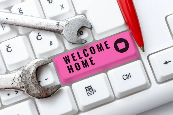 Hand writing sign Welcome Home, Word Written on Expression Greetings New Owners Domicile Doormat Entry -48633