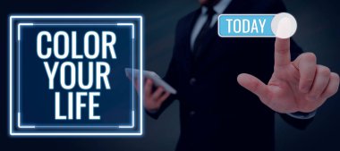 Handwriting text Color Your Life, Word Written on Make your days colorful be cheerful motivated inspired Lady in suit holding pen symbolizing successful teamwork accomplishments.