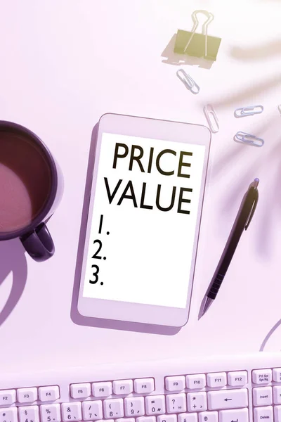 Handwriting text Price Value, Word for strategy which sets cost primarily but not exclusively Mobile Phone Screen With Important Message On Desk With Coffee And Keyboard