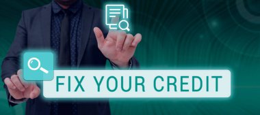 Writing displaying text Fix Your Credit, Business approach Keep balances low on credit cards and other credit Businessman With Two Hands Searching For Important Data And New Ideas.