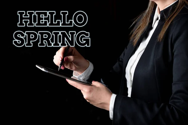 Подпись Текстом Hello Spring Business Showcase Welcoming Season Winter Blossoming — стоковое фото