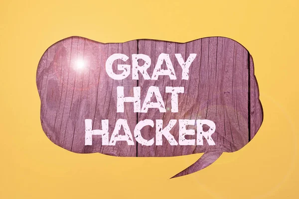 Text sign showing Gray Hat Hacker, Concept meaning Computer security expert who may sometimes violate laws Cropped Speech Bubble With Important Message Placed On Floor.