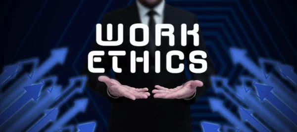 Handwriting text Work Ethics, Concept meaning A set of values centered on the importance of doing work Businessman in suit holding notepad symbolizing successful teamwork.