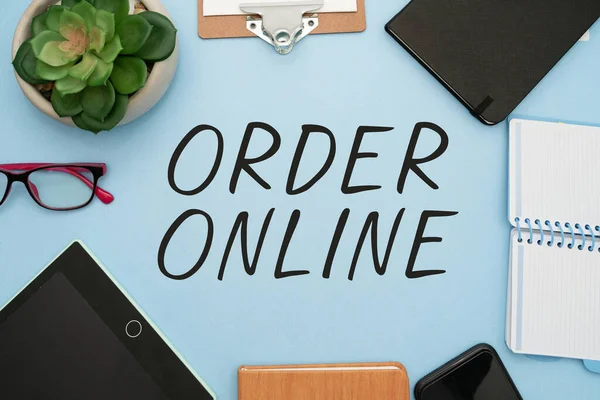 Hand writing sign Order Online, Word for Buying goods and services from the sellers over the internet Flashy School Office Supplies, Teaching Learning Collections, Writing Tools,