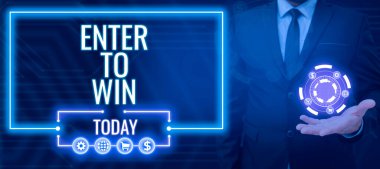 Conceptual caption Enter To Win, Conceptual photo Sweepstakes Trying the luck to earn the big prize Lottery Man Holding Futuristic Design In One Hand And Presenting Late Data.