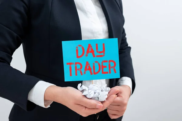 Handwriting text Day Trader, Internet Concept A person that buy and sell financial instrument within the day Businesswoman Holding Paper Wraps And Important Message On Stick.