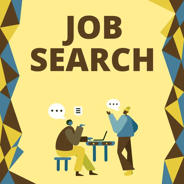 Text caption presenting Job Search, Concept meaning An act of person to find work suited for his profession Colleagues Having Meeting Discussing Future Project Improvement Ideas.